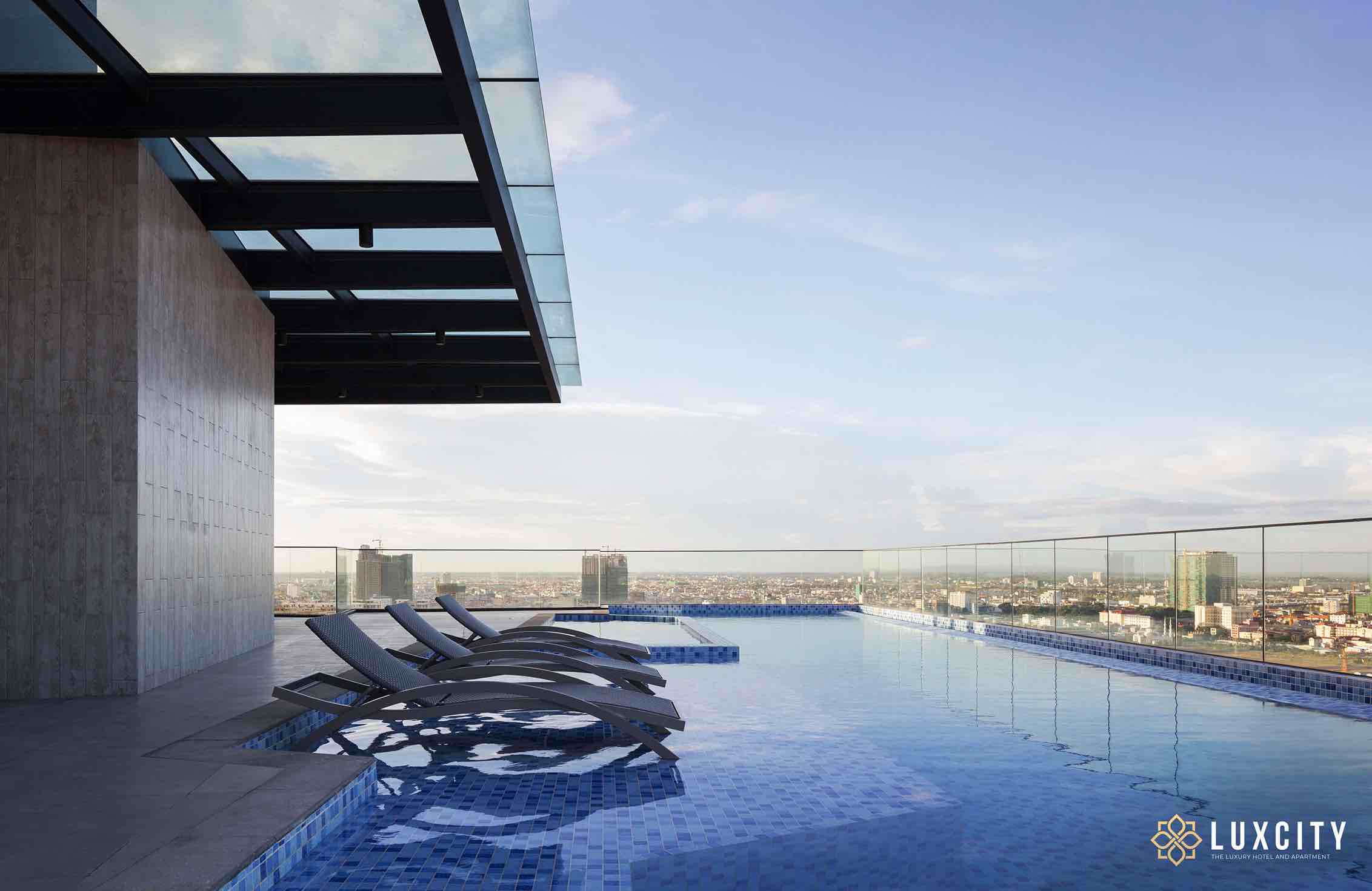 The impeccable rooftop swimming pool with a view